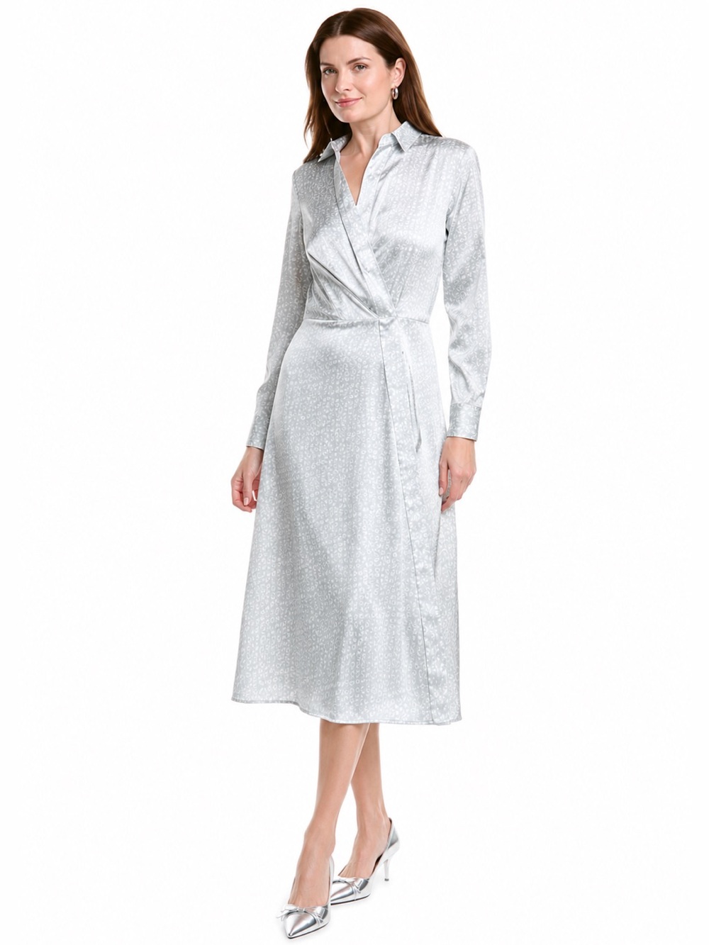 Rag & Bone NEW $598 Danica Satin Wrap Shirt Dress SZ 2 Silver Gray Jacquard Midi